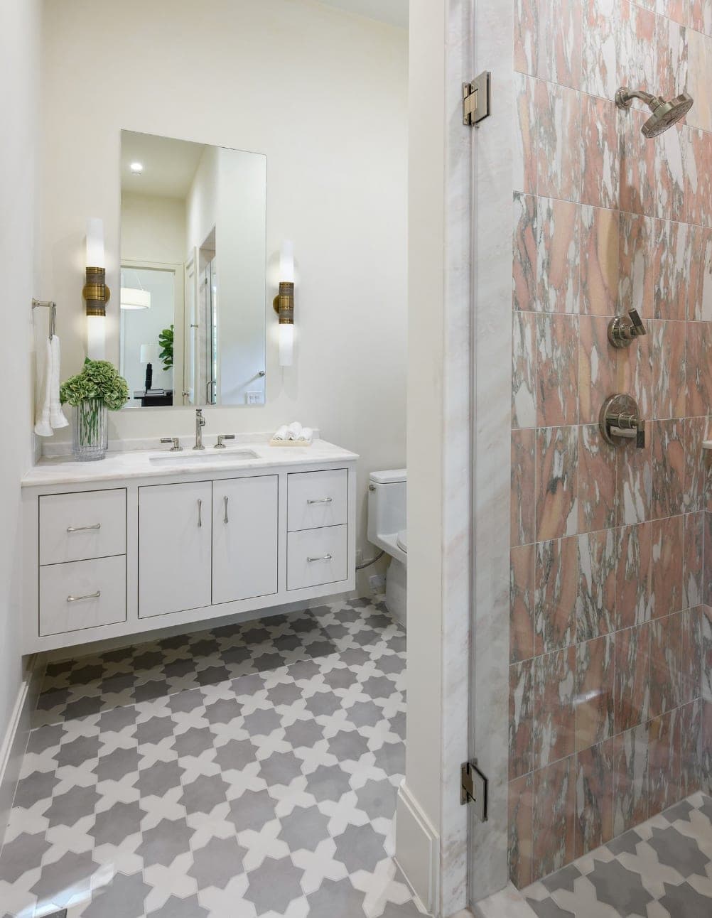 Primary bath vanity and stone shower